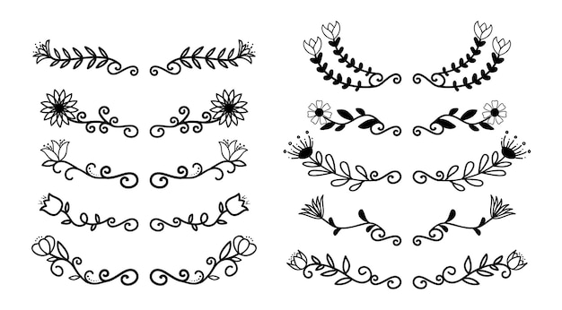 Hand drawn borders elements set collection floral swirl ornament vector