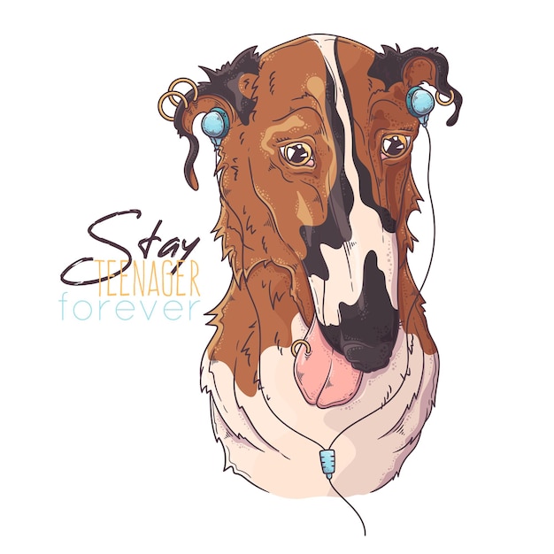 Hand drawn Borzoi dog portrait with accessories