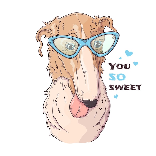 Vector hand drawn borzoi dog portrait with accessories