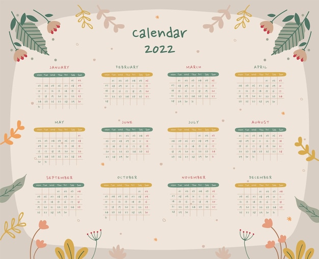 Vector hand drawn botanical leaves home decor 2022 planner calendar with all months.