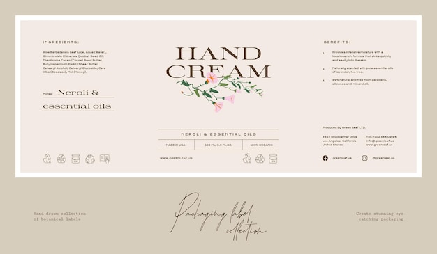 Hand drawn botanical line art vector cosmetics printable label design template