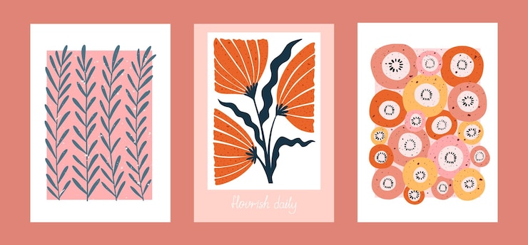 Hand drawn botanical posters with abstract flowers and bold leafy stems Modern floral illustrations