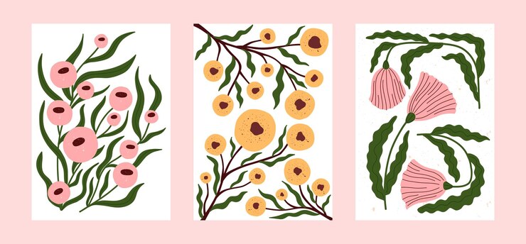 Hand drawn botanical posters with bold stylized flowers and green leaves Modern floral wall art