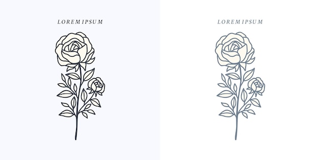 ベクトル 手描きの植物のバラの花と葉の枝のロゴ要素セット