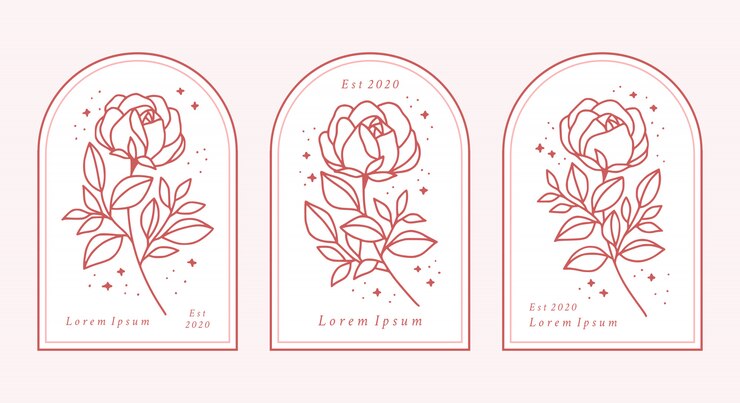 手描きの植物のバラの花のロゴ要素のコレクション