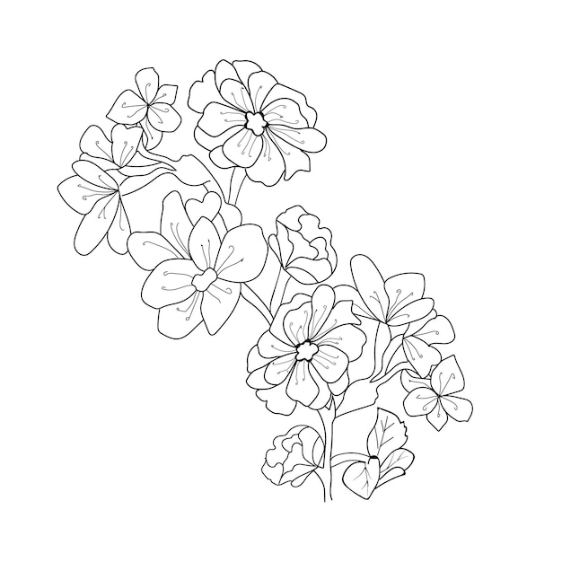 手描きの植物の春の要素桜の花の花束ラインアートの着色ページ