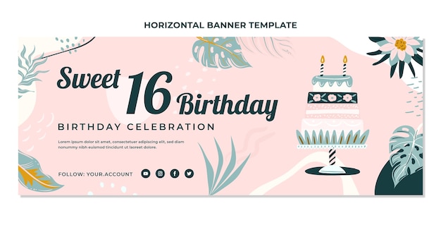 Vector hand drawn botanical sweet 16 horizontal banners