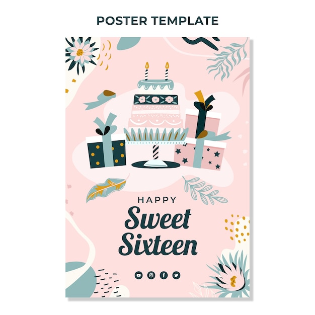 Vector hand drawn botanical sweet 16 poster