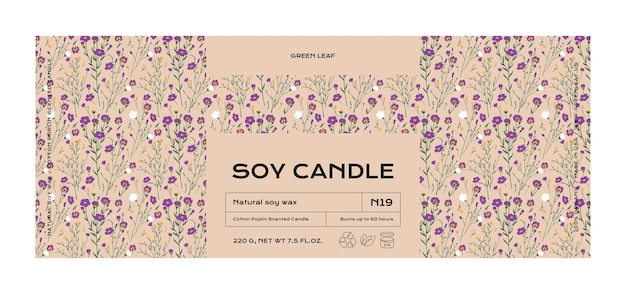 Hand drawn botanical vector cosmetics label design template for soy candle