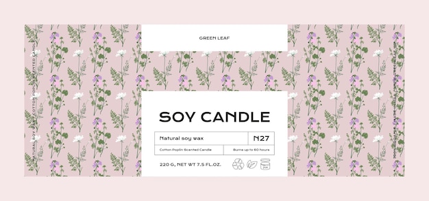 Hand drawn botanical vector cosmetics label design template for soy candle