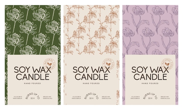 Hand drawn botanical vector cosmetics label design template for soy wax candle