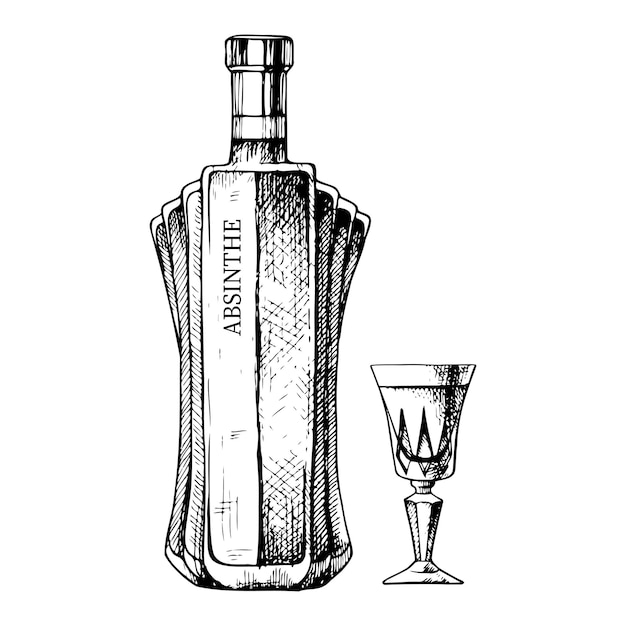 Hand drawn bottle and glass of absinthe Vector beverage illustration ink sketch