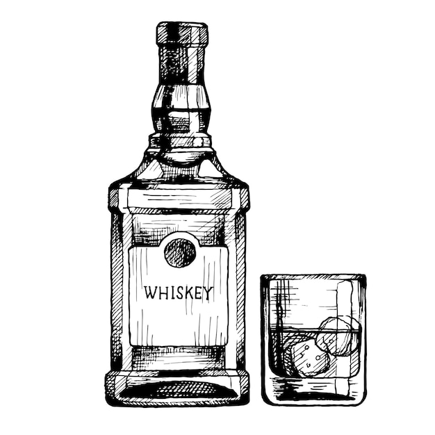 Vector hand drawn bottle of scotch whiskey with a glass vector beverage illustration ink sketch