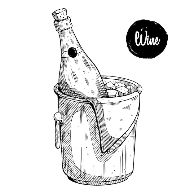 Vector hand drawn bottle of wine on ice bucket vector illustration detailed retro style image