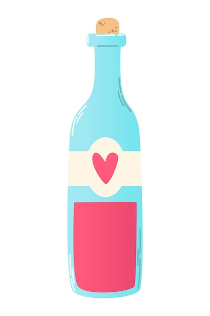 Vettore bottiglia di vino disegnata a mano con cuore sull'etichetta in stile piatto