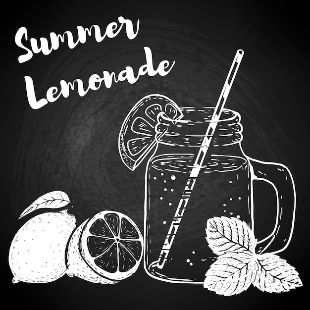 Hand drawn bottle with lemonade, lemons and mint leaves.  elements for poster, menu, flyer.  illustration.