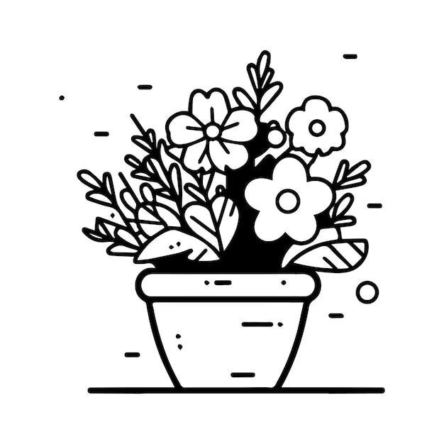 Vector hand drawn bouquet of flowers in a pot in doodle style