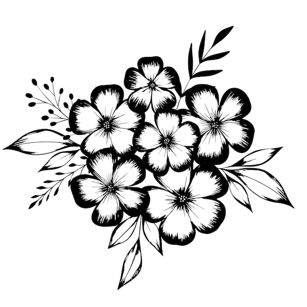 Hand-drawn bouquet with flowers and leaves isolated on white