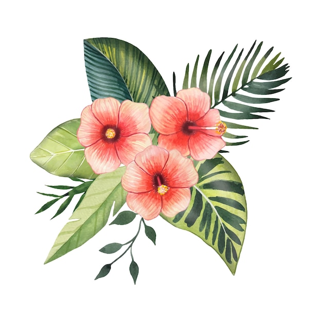 Hand drawn bouquet with tropical leaves and flowers watercolor