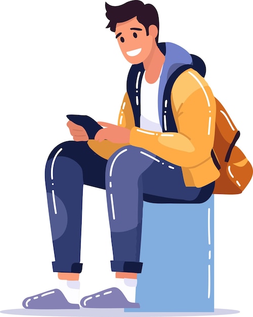 Vector hand drawn boy sitting on mobile phone in flat style