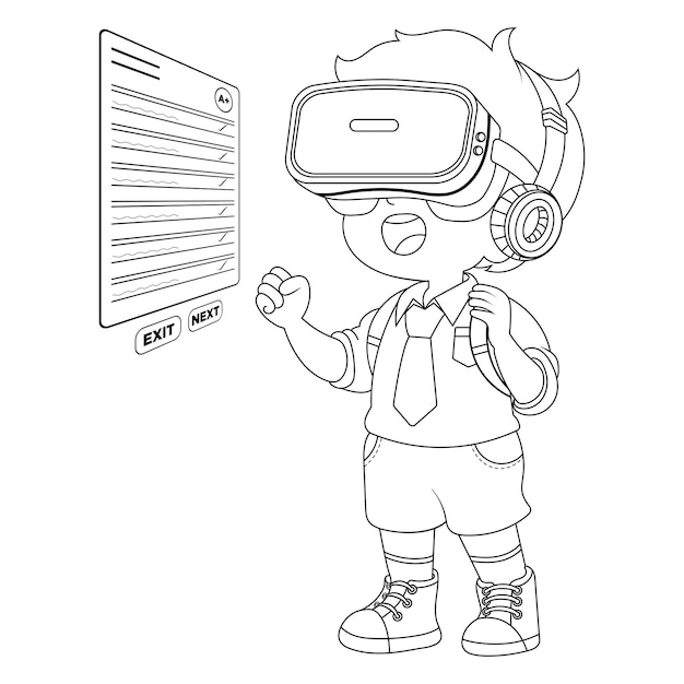 Hand drawn boy using virtual reality coloring book illustration