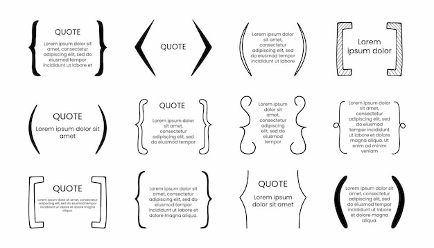 Cornice a staffa disegnata a mano set di modelli di scatole di parentesi graffe parentesi quadre e angolari forme di punteggiatura per messaggi e citazioni simboli di comunicazione insieme di vettore di elementi di design