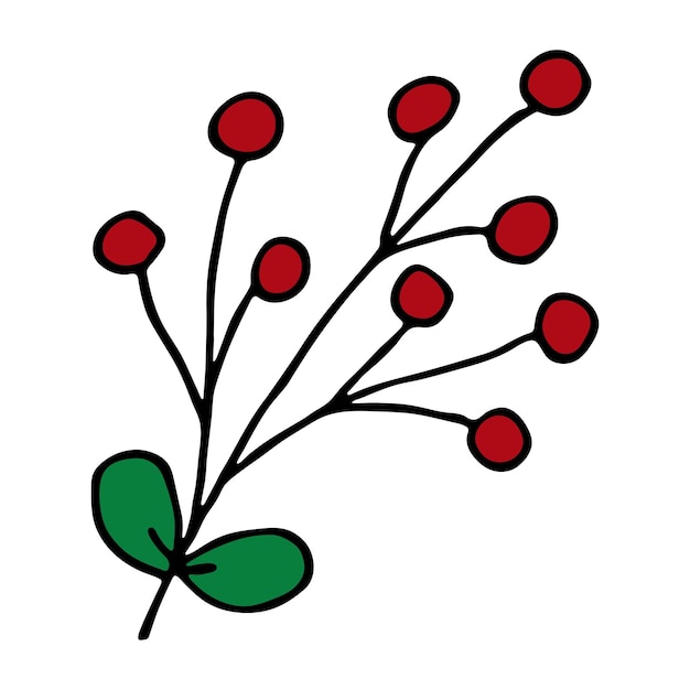 Hand drawn branch with berries and leaves Christmas doodle Winter clipart Single design element