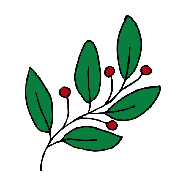 Hand drawn branch with berries and leaves Christmas doodle Winter clipart Single design element