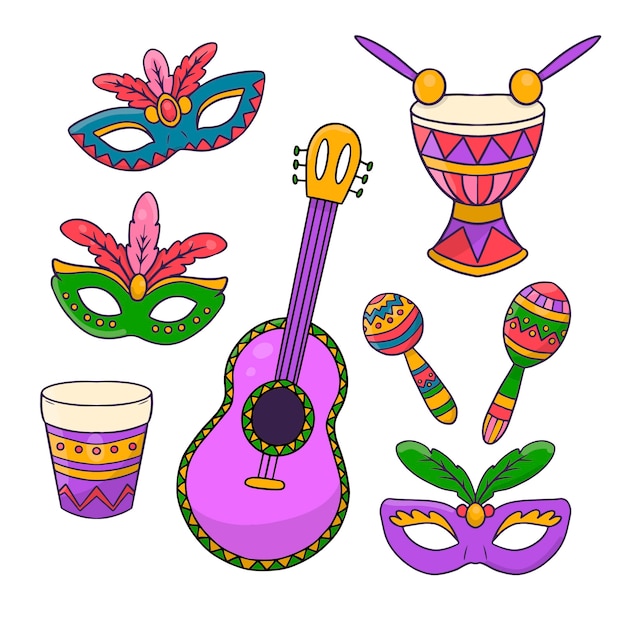 Vector hand drawn brazilian carnival celebration elements collection