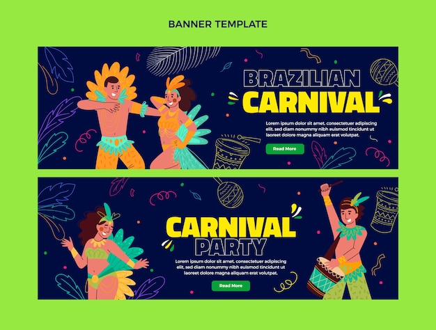 Vector hand drawn brazilian carnival horizontal banners set