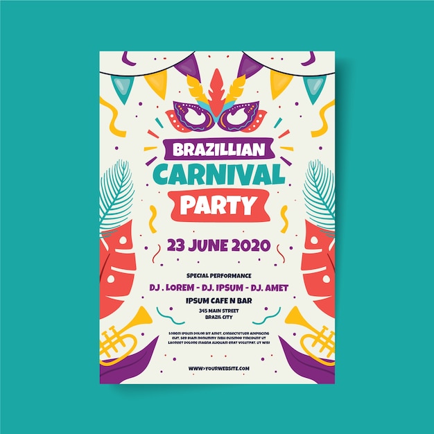 Vettore modello di poster di carnevale brasiliano disegnato a mano