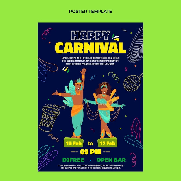 Modello di poster verticale carnevale brasiliano disegnato a mano