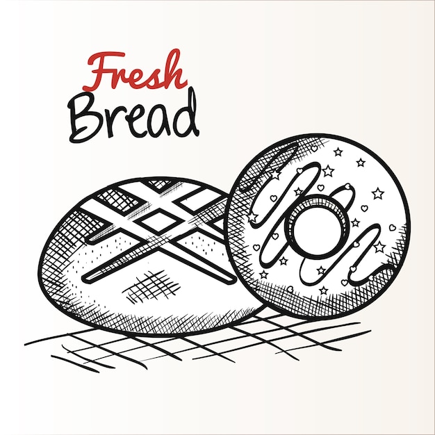 Ручной обращается хлеб и пончик на белом фоне. Векторные иллюстрации.