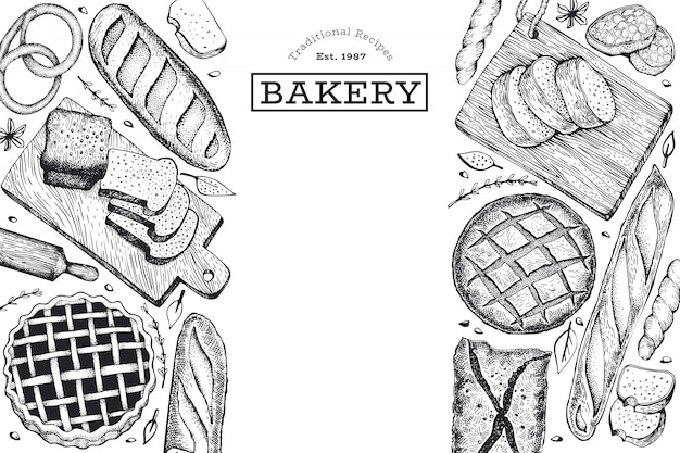 Vector hand drawn bread and pastry banner template.
