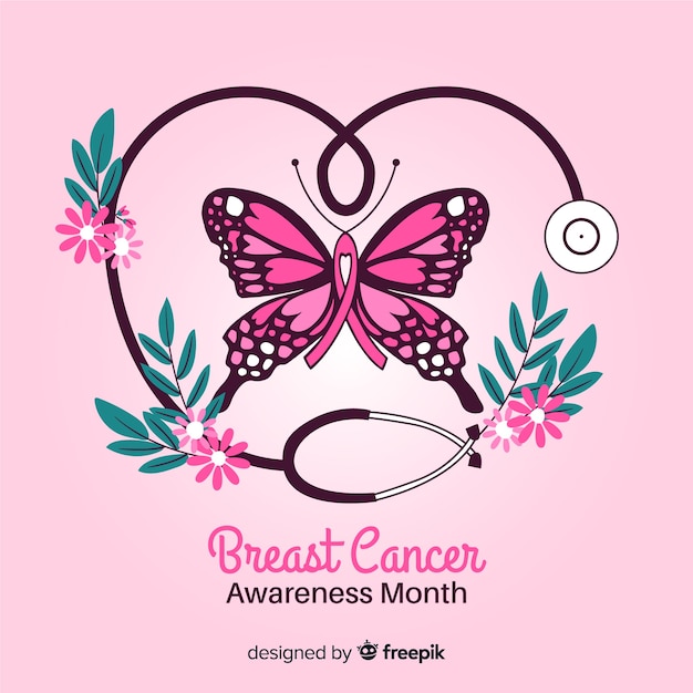 Hand-drawn breast cancer awareness with butterfly