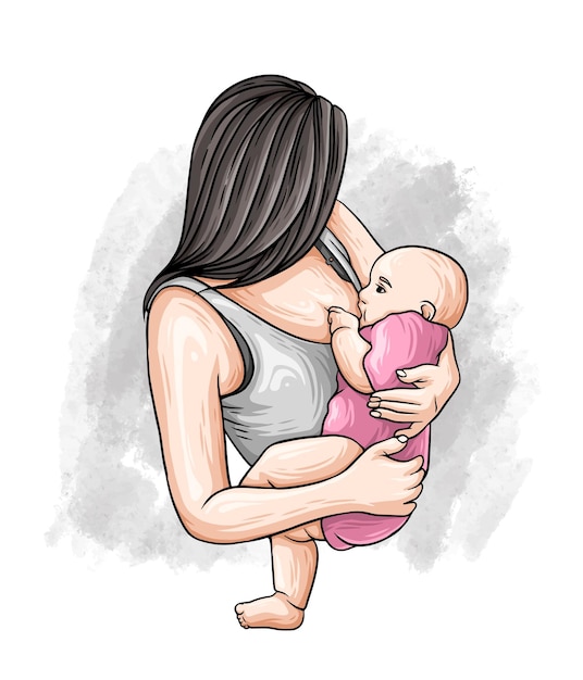 Vector hand drawn breastfeeding mother in colorful style