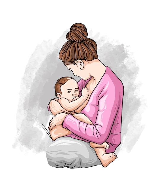 Vector hand drawn breastfeeding mother in colorful style