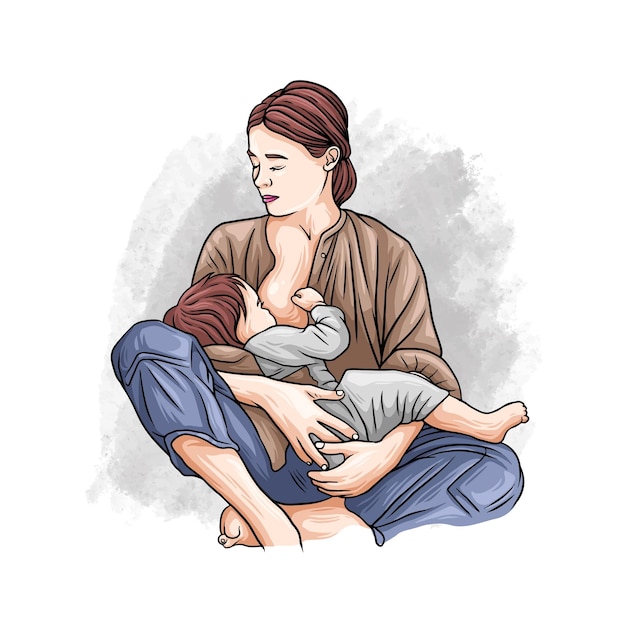 Hand drawn breastfeeding mother in colorful style