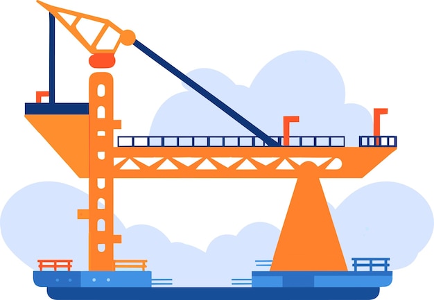 Hand Drawn Bridge with crane under construction in flat style isolated on background