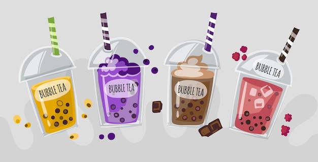 Vector hand-drawn bubble tea flavors concept