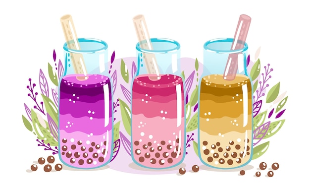 Vector hand drawn bubble tea flavors pack