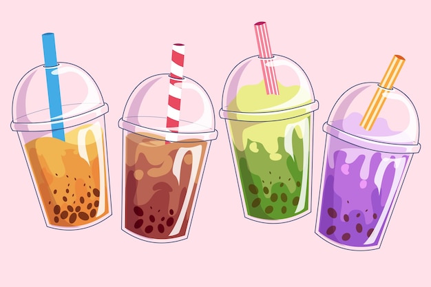 Bubble tea. Plastic cups with famous summer bubble asian tea, popular  taiwanese pearl milk with balls, soft boba drinks with delicious tapioca  sweet cold liquid dessert cartoon vector isolated set 6557374 Vector