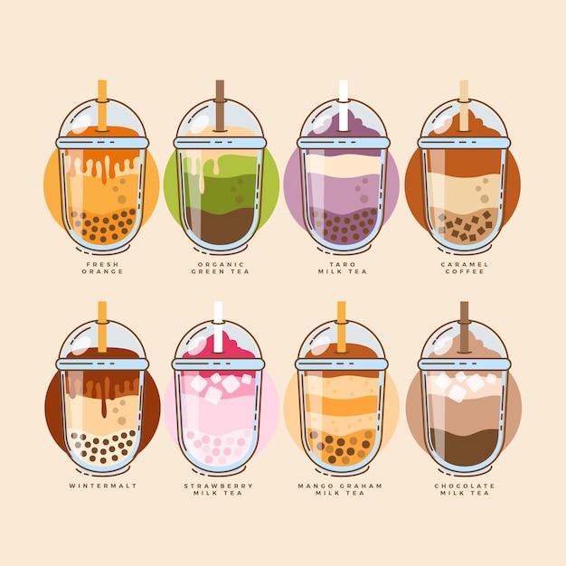 Vector hand drawn bubble tea flavors