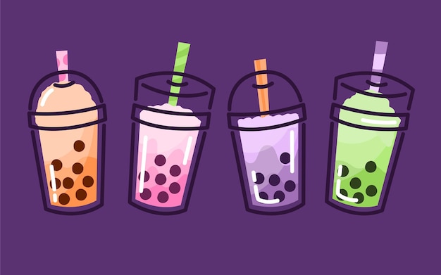 Set of four colorful bubble tea cups. Variety of flavours. Cute vector  illustration of boba tea, sweet Asian drink, in cartoon style with speech  bubble above. Flat design. Stock Vector