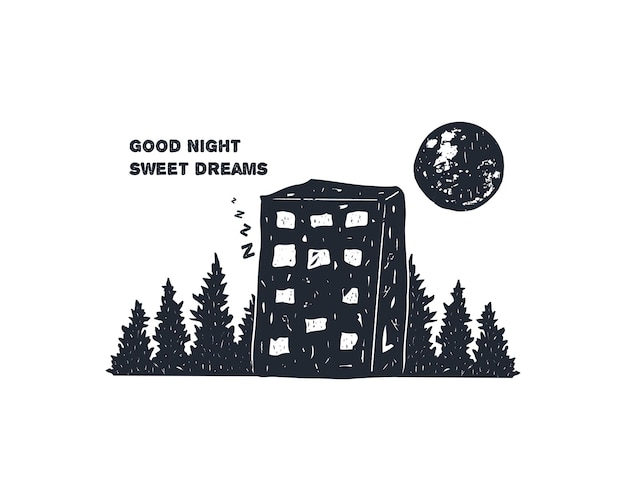 Вектор Ручно нарисованное здание резиденции сосны и луна векторные иллюстрации доброй ночи сладкие мечты кво