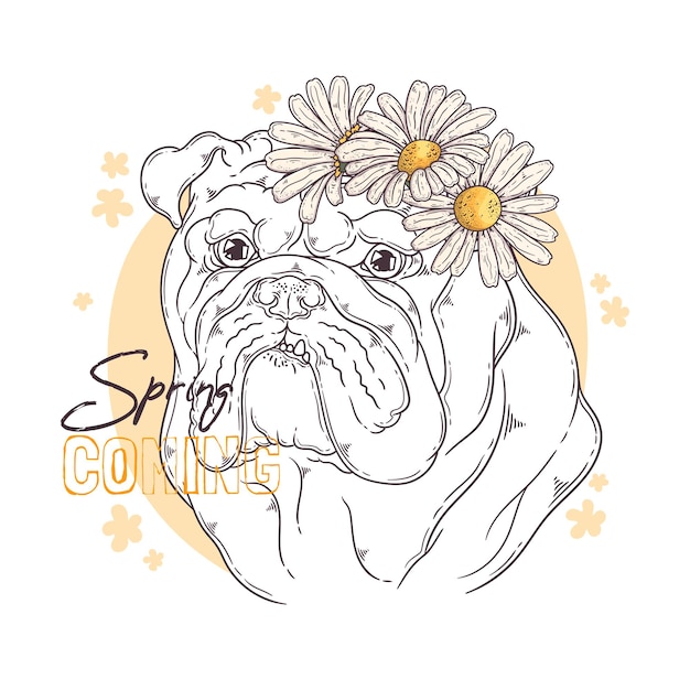 Vettore bulldog disegnato a mano con fiori