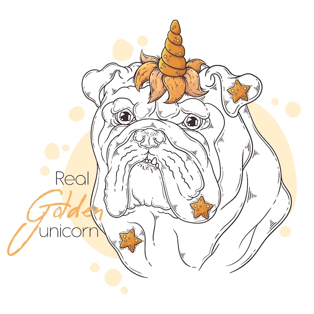 Bulldog disegnato a mano con corno di unicorno