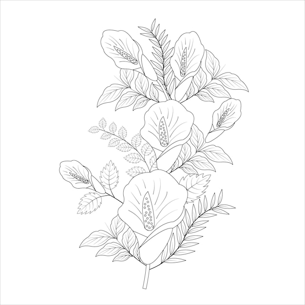 Ручной рисунок с большим цветком и листьями, изолированными на белом векторном графическом дизайне