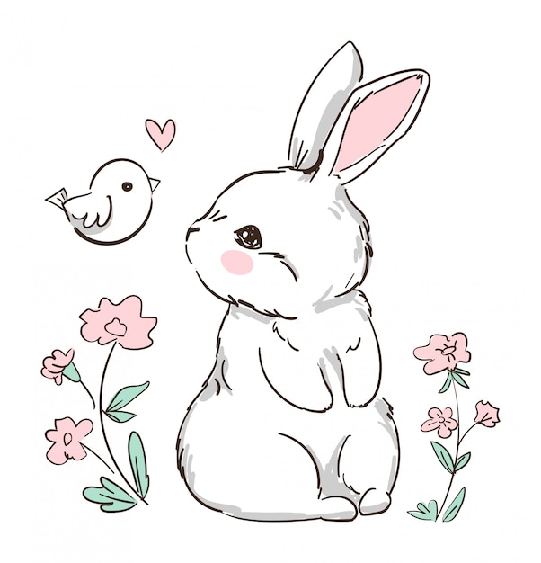 Hand Drawn Bunny and little bird, flowers. Cute Rabbit . Print Design for Kids Fashion.