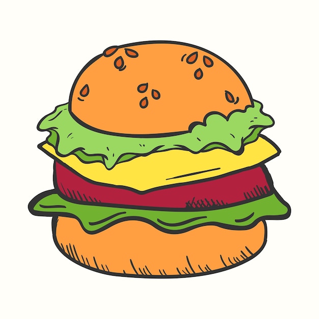 낙서 아이콘 스타일의 손으로 그린 햄버거 평면 그림